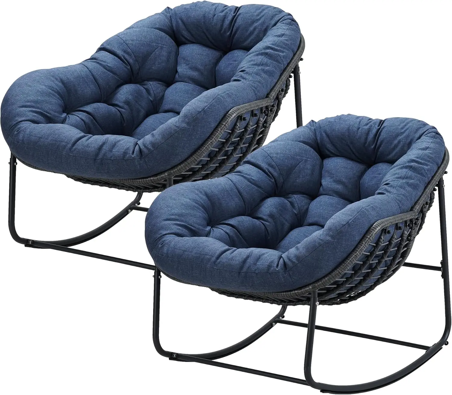 Patio Wicker Egg Chair, Indoor & Outdoor Double Papasan Chair with Padded Cushion, Royal Rattan Rocker for Front Porch