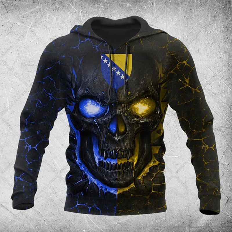 Personalized Bosnia Emblem Skull Pattern Hoodies Loose Unisex Pullover Sweatshirts Winter Casual Tops Outdoor Streetwear