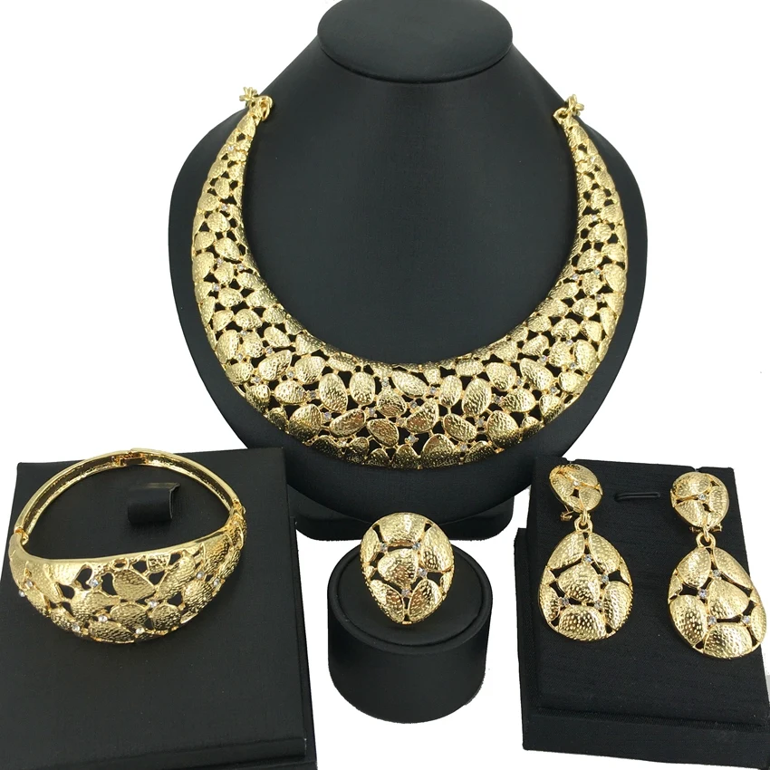 Jewelry Set For Women 2025 New Gold-plated Necklace Set Layered Design Texture Bracelet Earrings Nigerian Wedding Party FHK14511