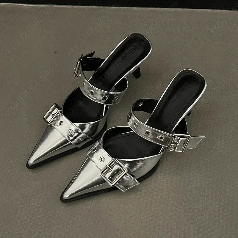 

2025 Punk Goth Metal Buckle High Heels Women's Sandals Summer Pointed Toe Silver Party Shoes Fashion Womens Pumps Shoes Tacones