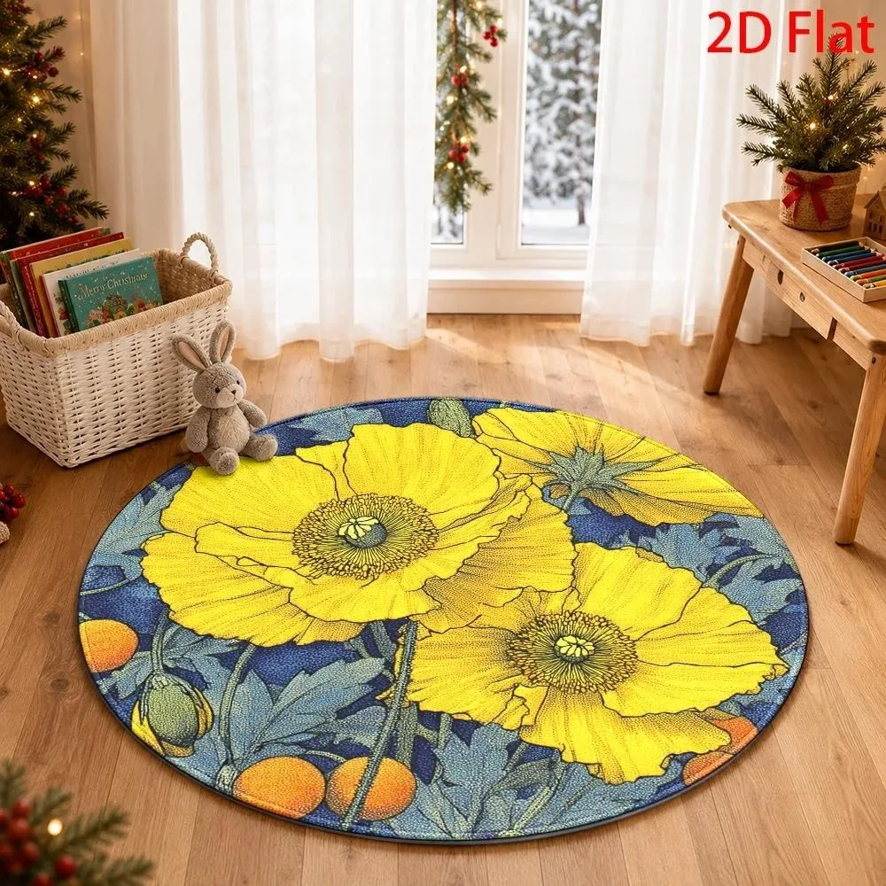 Artistic Flower Round Rug, Retro Print Yellow Bloom Foliage Circular Floor Mat for Living Room Bedroom Balcony Home Decor
