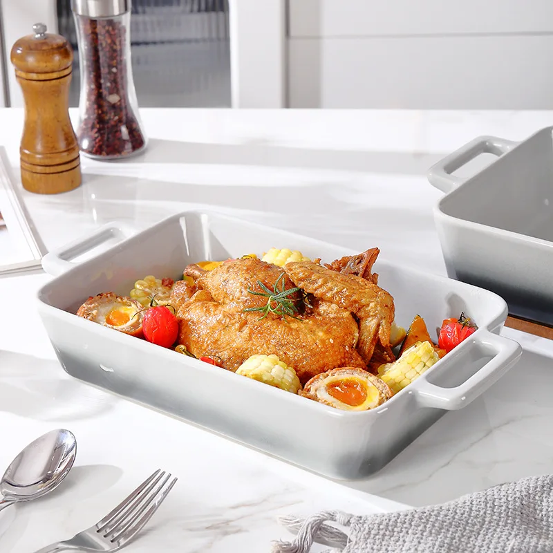 

LingAo-- A gradient grey high-end ceramic double-ear rectangular baking tray for microwave oven baking and rice baking