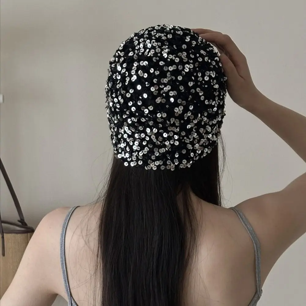 Berretto casual in tessuto con paillettes vintage Y2k Cappello a secchiello con paillettes vuote Cappelli a cuffia sottili lavorati a maglia Ragazze piccanti