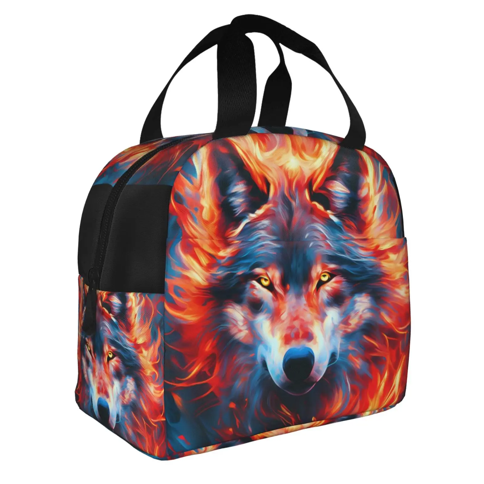 The Wolf The Look Penetrates The Fire Lunch Tote Bag Insulated Leakproof Lunch Box Container with Front Pocket for Girls Boys