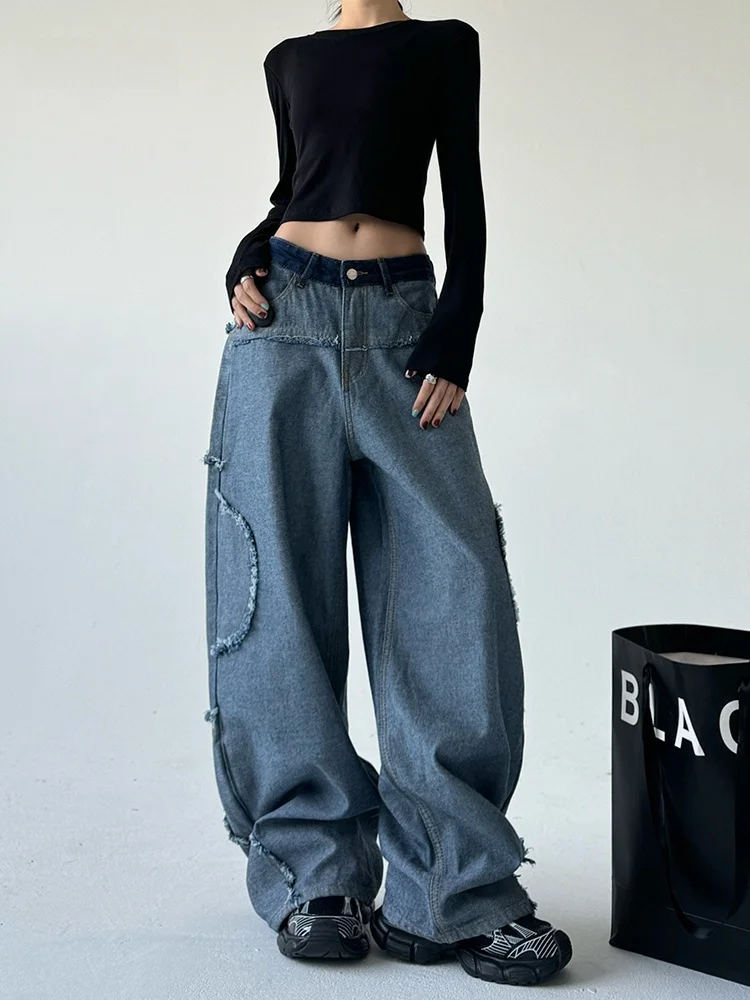 가을 겨울 하이 스트리트 유니크 웨이드 디자인 센세이션 프레이드 헴 데님 진 여성용 루즈 와이드 레그 패치워크 롱 트라우저...