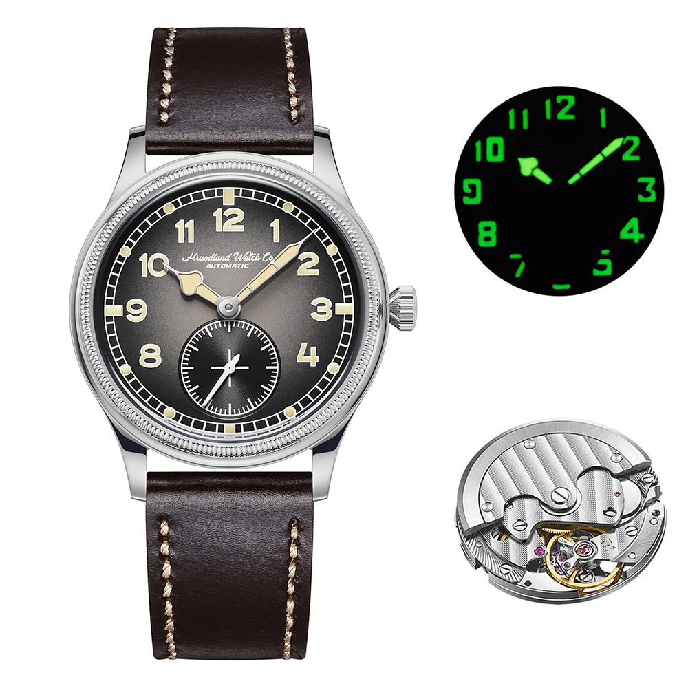 HRUODLAND Automatic Pilot Watch for Men Arabic Numeral Dial Domed Sapphire Crystal C3 Lume Small Seconds Leather Strap