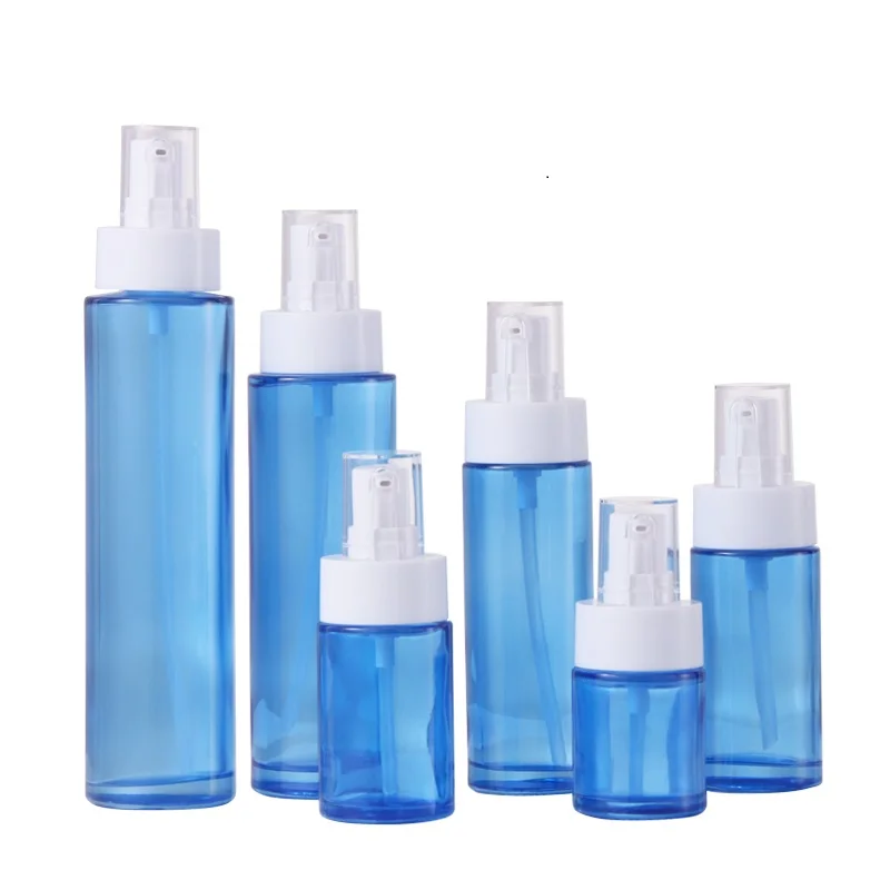 NEW 20/30/40/60/100/120ml Lotion Pump Bottle Blue Glass Liquid Foundation Serum Refill Cosmetic Lotion Bottle with White Pump