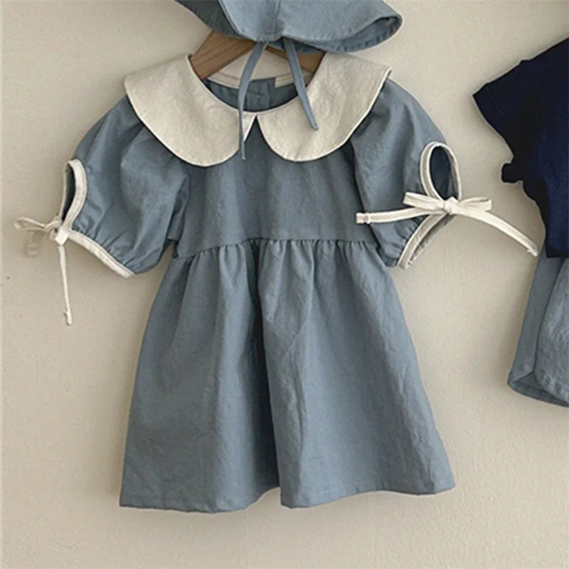 

2026 Summer New Children Short Sleeve Dress Cotton Baby Girls Sweet Lapel Bow Dress Baby Girl Princess Dress Kids Clothes