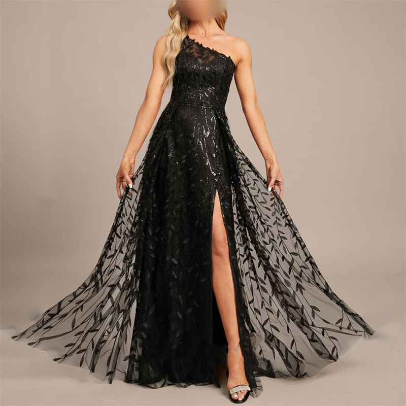 Fashion Black Lace Single Shoulder Sleeve Evening Dresses Women's With Side Slit Gowns Prom Occasion Customized