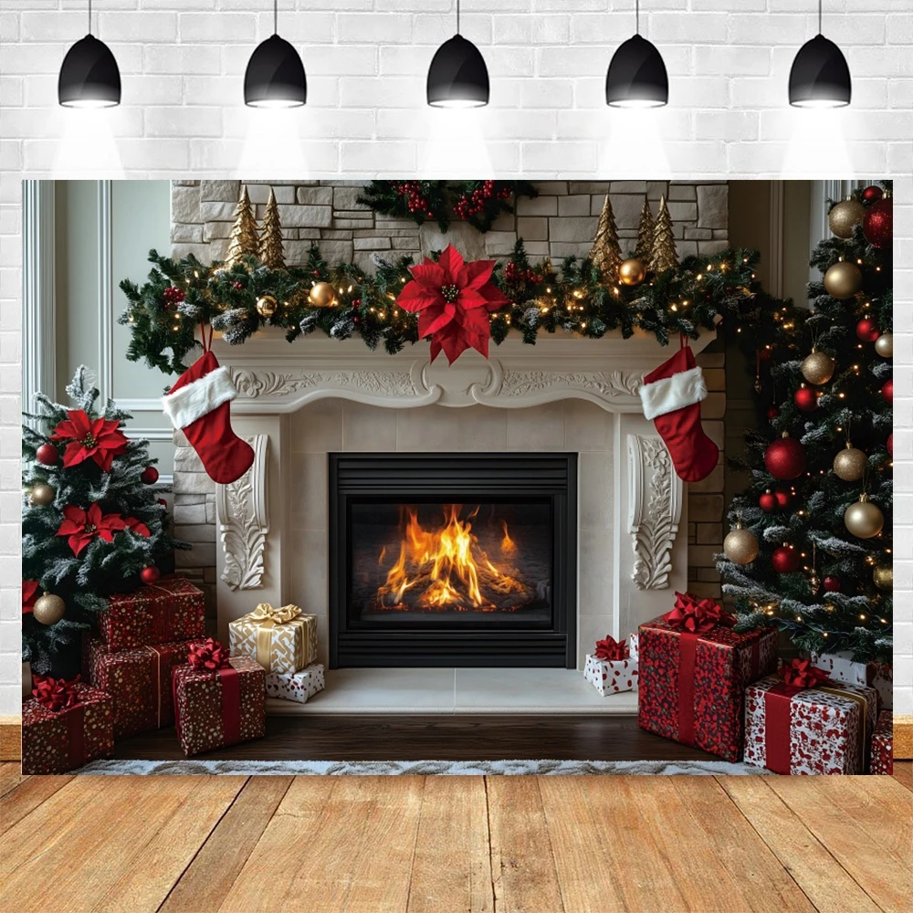 Fireplace Backdrop Socks Gifts Fire Green Holly Leaves Christmas Party Home Room Decor Family Portrait Photography Background