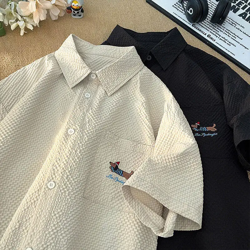 

Short Sleeve Embroidered Bubble Shirt Men's Lightweight Summer Shirt Loose Fit Youth Style Five Button Closure Regular Length