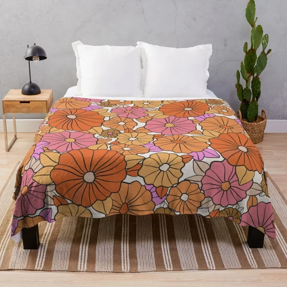 

1960s Vintage Retro Orange Pink Yellow Mod Daisy Flower Power Floral Throw Blanket Designers Polar Sofa Throw Blankets