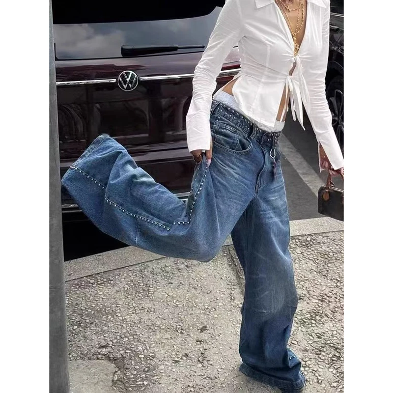 ZHIZOU Women Blue Gothic Y2k Rivet Jeans Harajuku Vintage Hip Hop Denim Trousers Aesthetic 2000s Oversize Boyfriend Jeans Pants