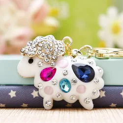 Cute White Rhinestones Sheep Keychain Keyring High End Metal Zinc Alloy Women Children Bag Key Charm Accessories Pendant Gift