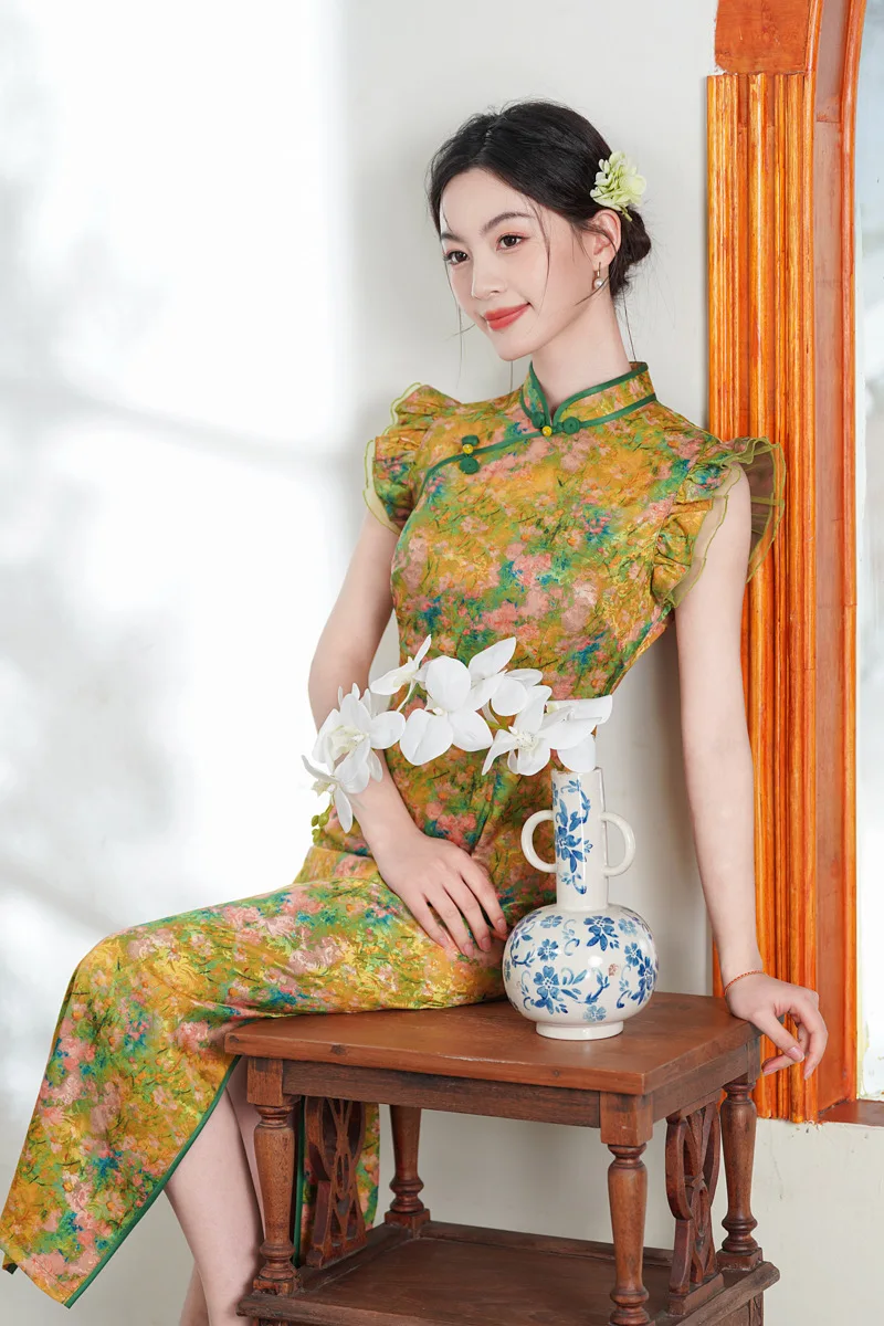 

National Style Chinese Style Long Cheongsam Improved for Young Women Retro Slim Fit Dress Summer Flutter Sleeve Qipao