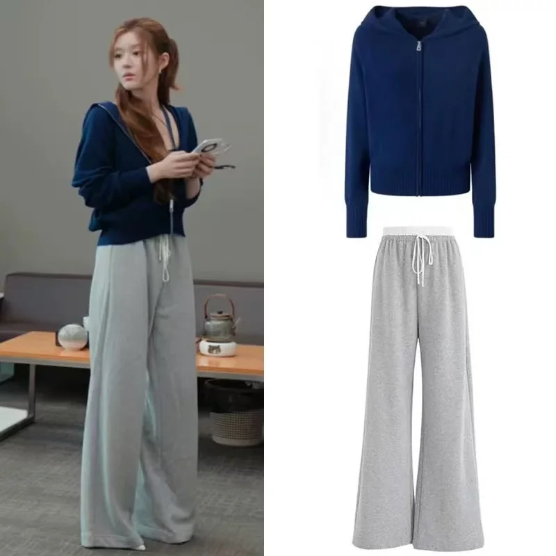 Cardigan aperto con cappuccio lavorato a maglia blu e pantaloni a gamba dritta Set pantaloni a vita alta da donna Faion Casual Wear Autunno 2025