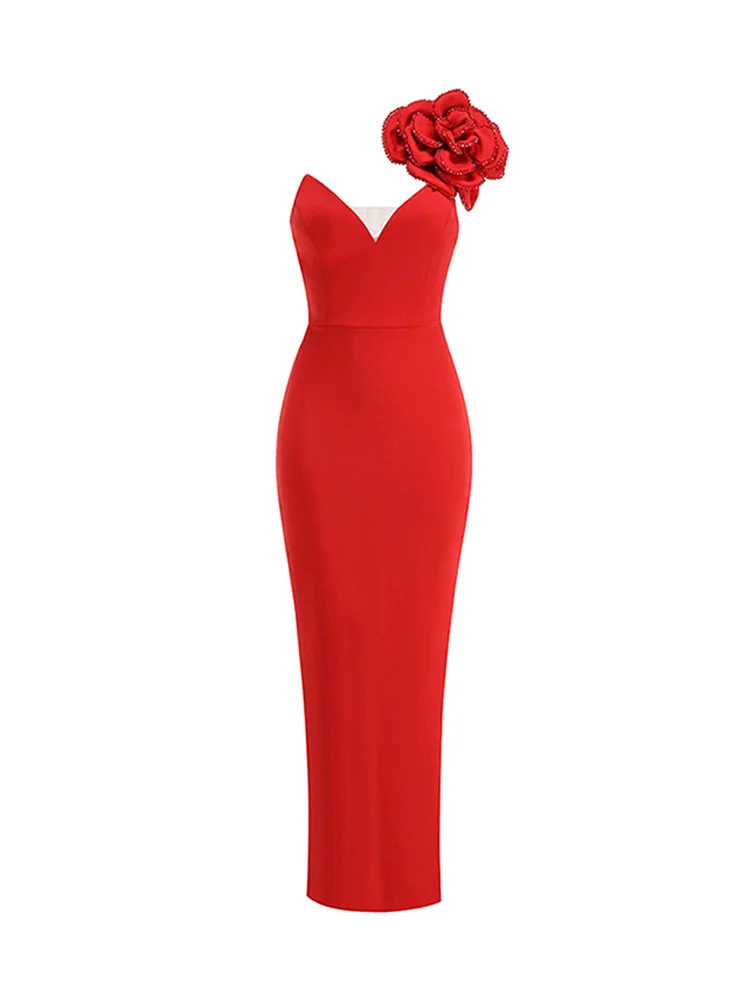 Sexy Red One Shoulder Flower Appliques Prom Party Dress Sleeveless Midi  Celebrity Evening Runway Cocktail Party Club Dress