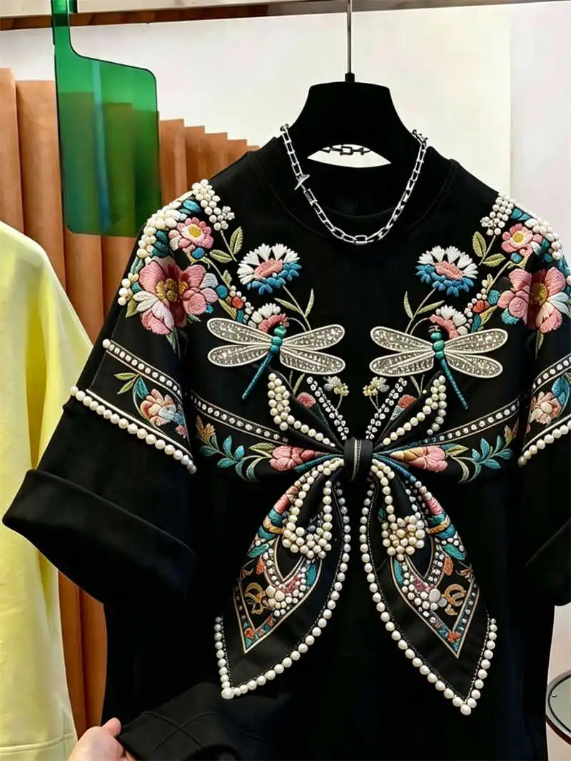 Lack Embroidered Bead Short Sleeve T-shirt for Men and Women Fashionable Summer Extra Large 300 Jin Versatile Tshirt Top