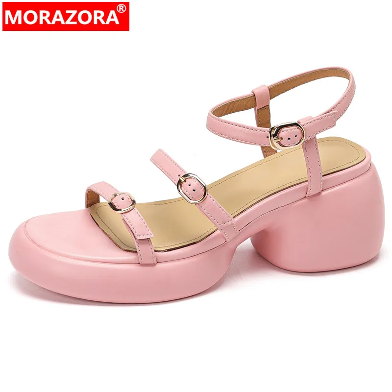 

MORAZORA 2024 New Genuine Leather Luxury Buckle Sandals Thick High Heels Platform Sandals Office Ladies Slingbacks Women's Shoes