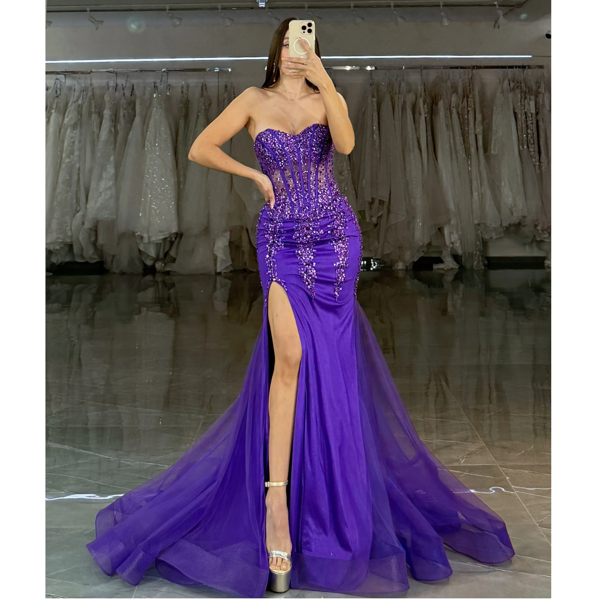 

Lina Sexy Mermaid Prom Dresses Sweetheart Lace Appliques Formal Evening Gown For Women Shiny Customized Vestido de Fiesta