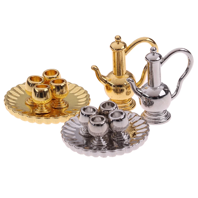 1: 12 Dollhouse Miniature Metal Tea Set Teapot Cup Plate Furniture Toys