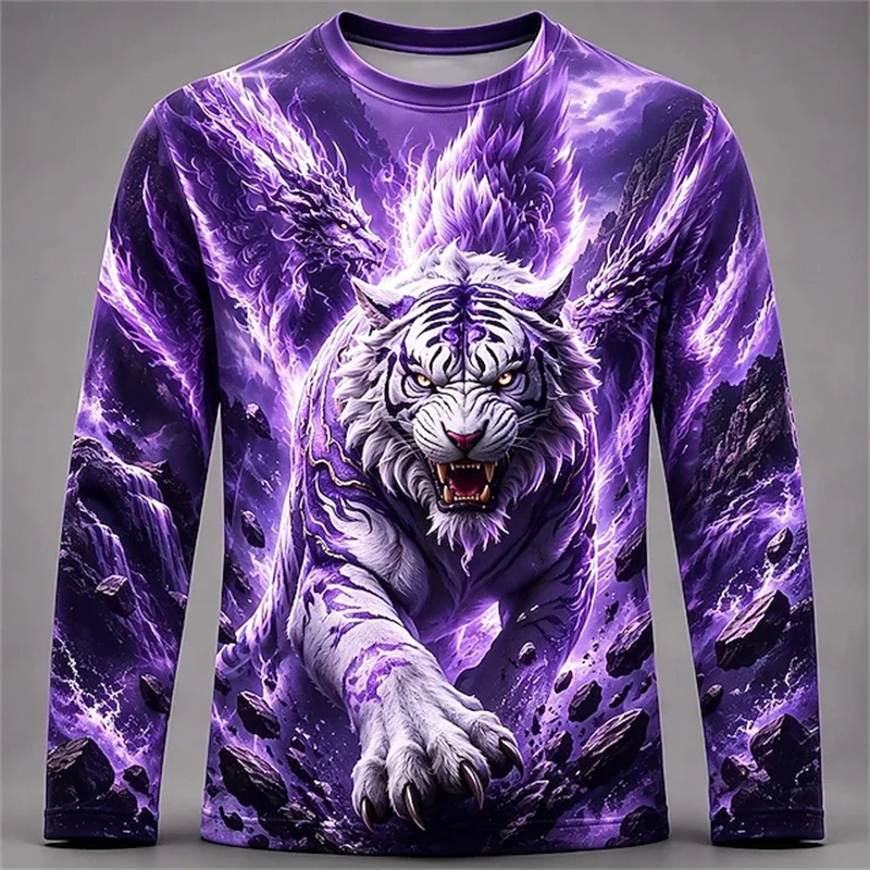 New Men's Long-Sleeve T-Shirt with Fierce Tiger Print Casual Slightly Stretchy Breathable Long-Sleeve Top with Street Style