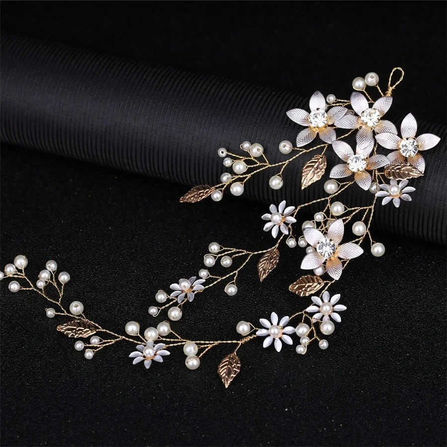 New Bladgouden Kristal Parels Bruid Hoofdband Strass Haar Sieraden Vrouwen Hoofddeksels Bloem Decor Bruiloft Haar Accessoires