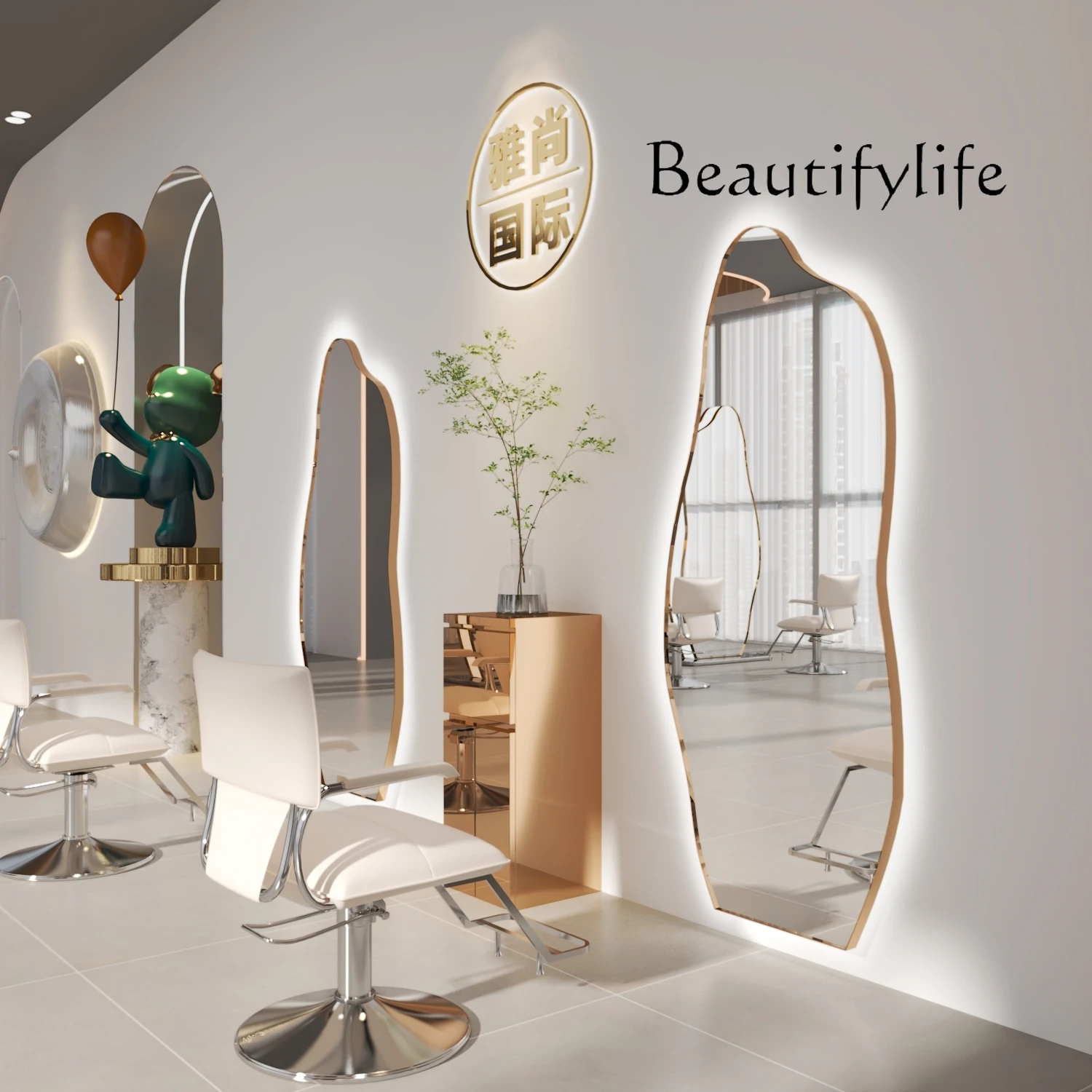 Hair Salon Dressing Table Double-Sided Floor Wall Mirror Led with Light