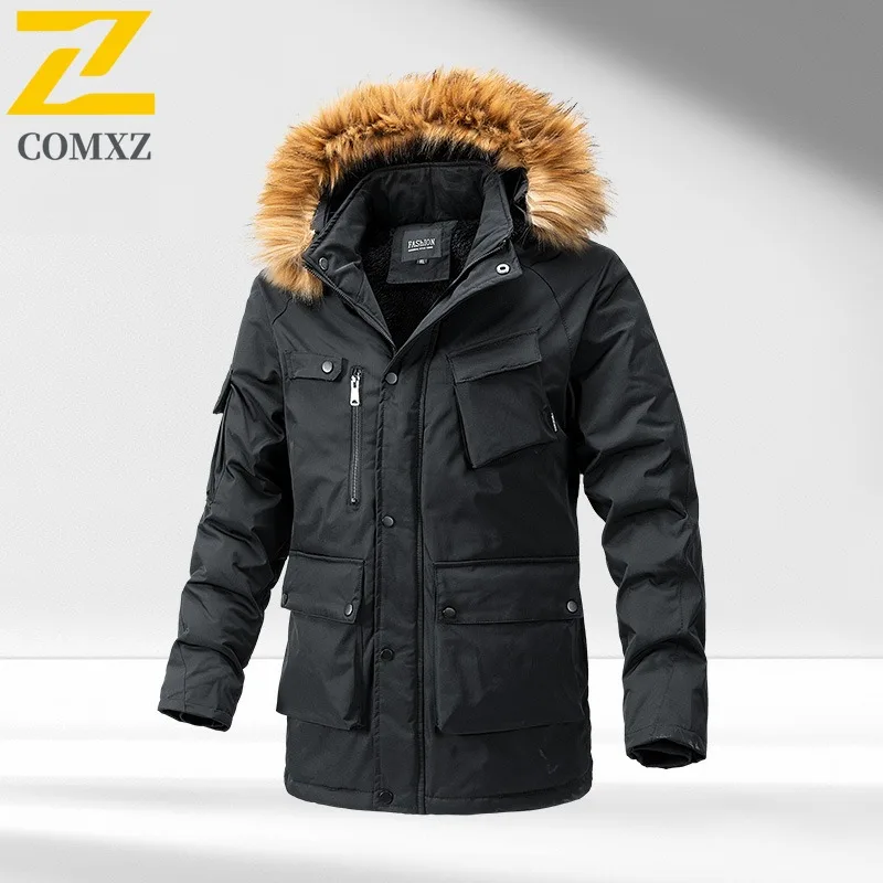 

COMXZ 2025 Mens Korean Thickened Fleece Long Winter Jacket American Style Waterproof And Windproof Leisure Outdoor Sports Coat