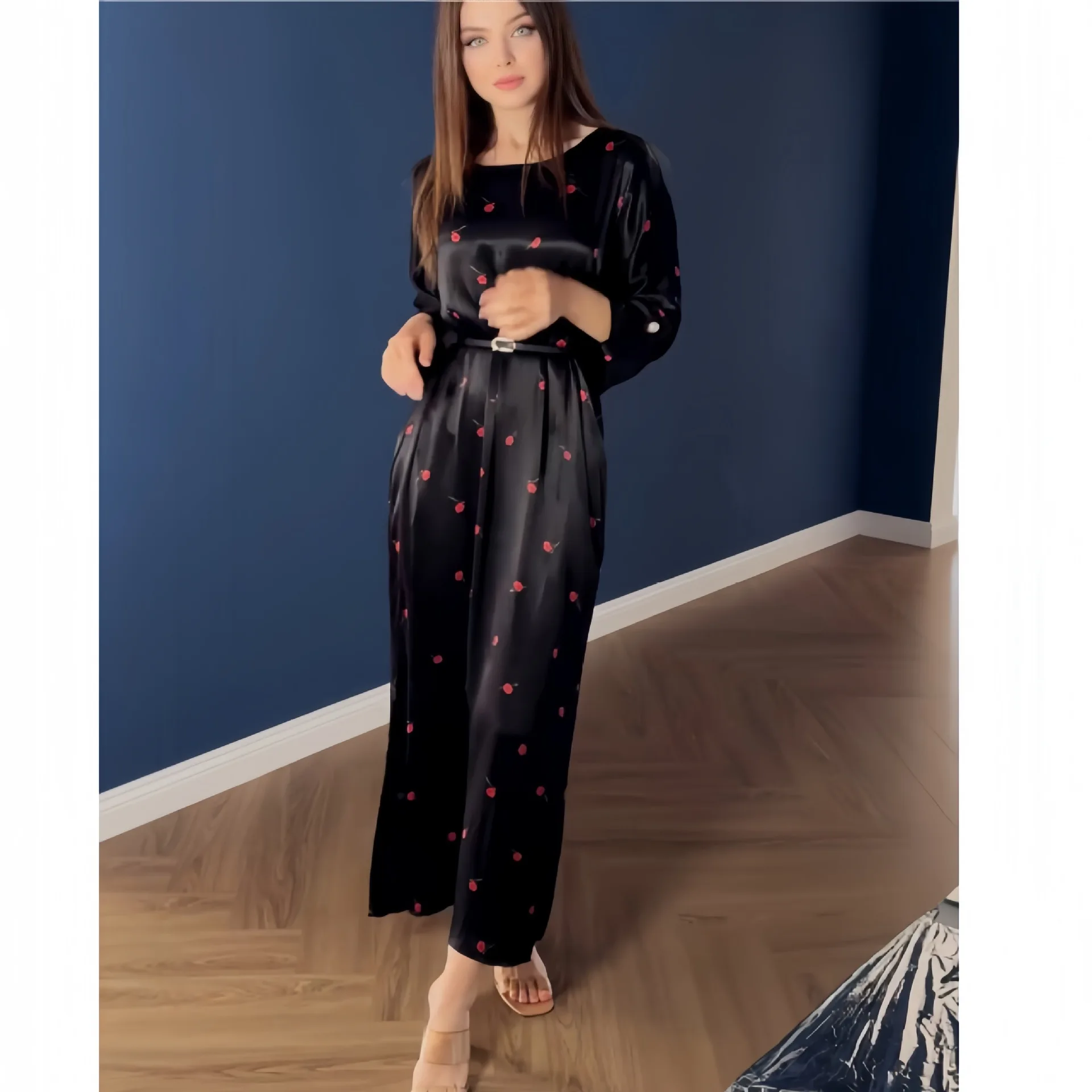 

Elegant style loose belt flower print satin dress fashionable simple versatile temperament vacation style high-end dress