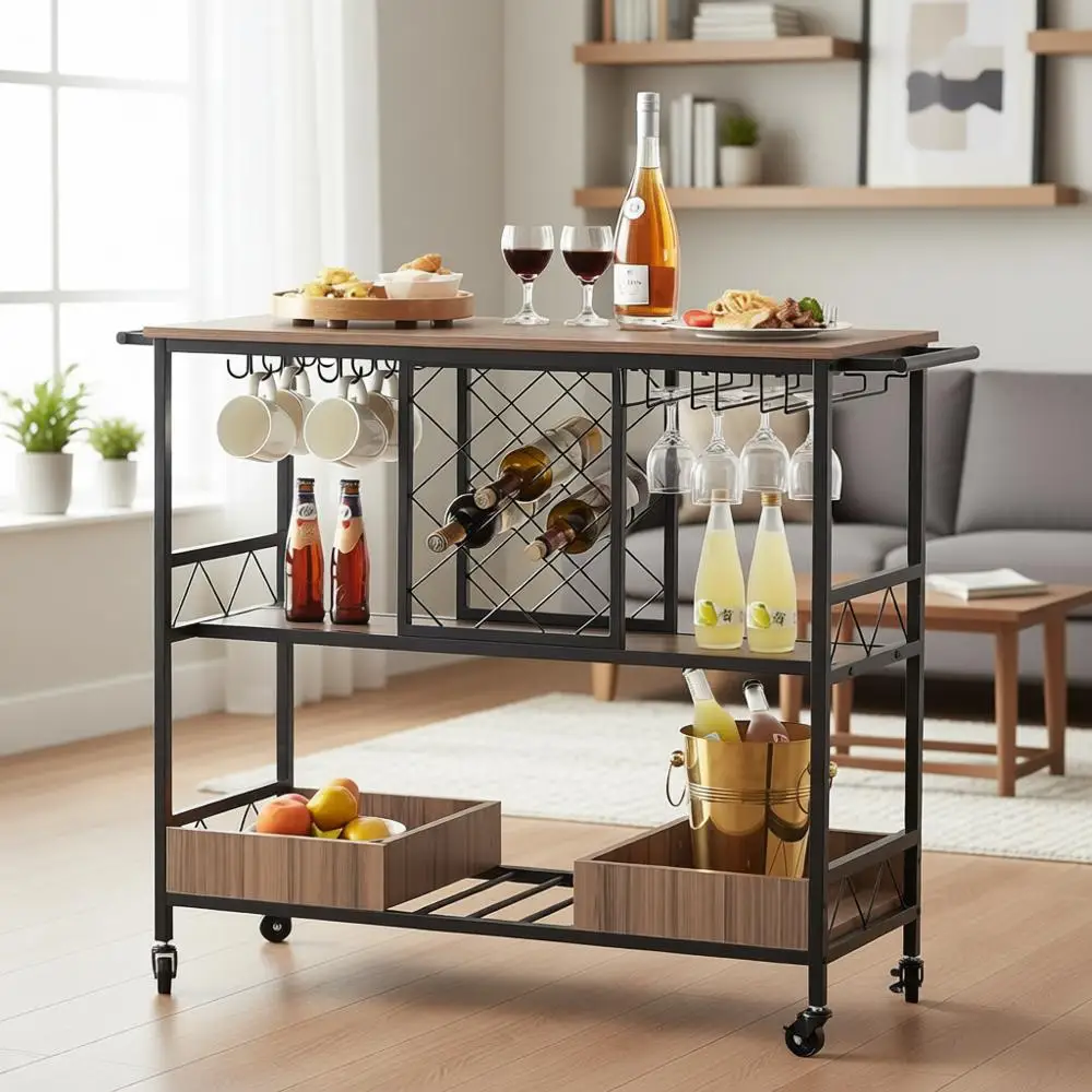 

Трехъярусная промышленная тележка для напитков с блокируемыми колесами, мобильная стойка для напитков для дома, съемный поднос и винная полка