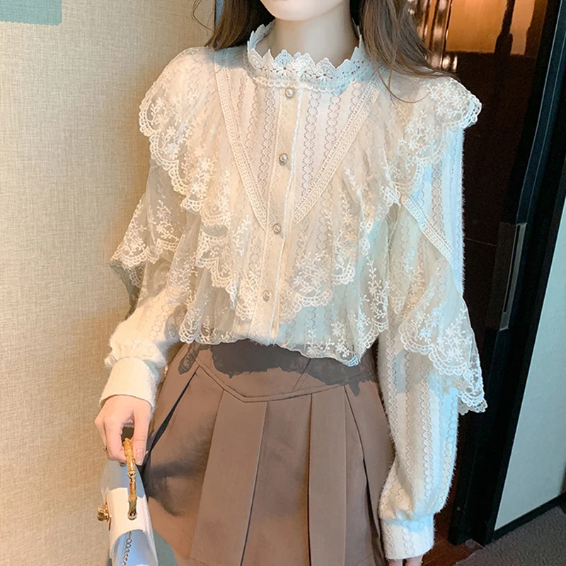 Autumn Korean Sweet Loose Clothes Lace Up Ruffled Women Blouses Fashion Stand Collat Ladies Tops Vintage Lace Shirts Women