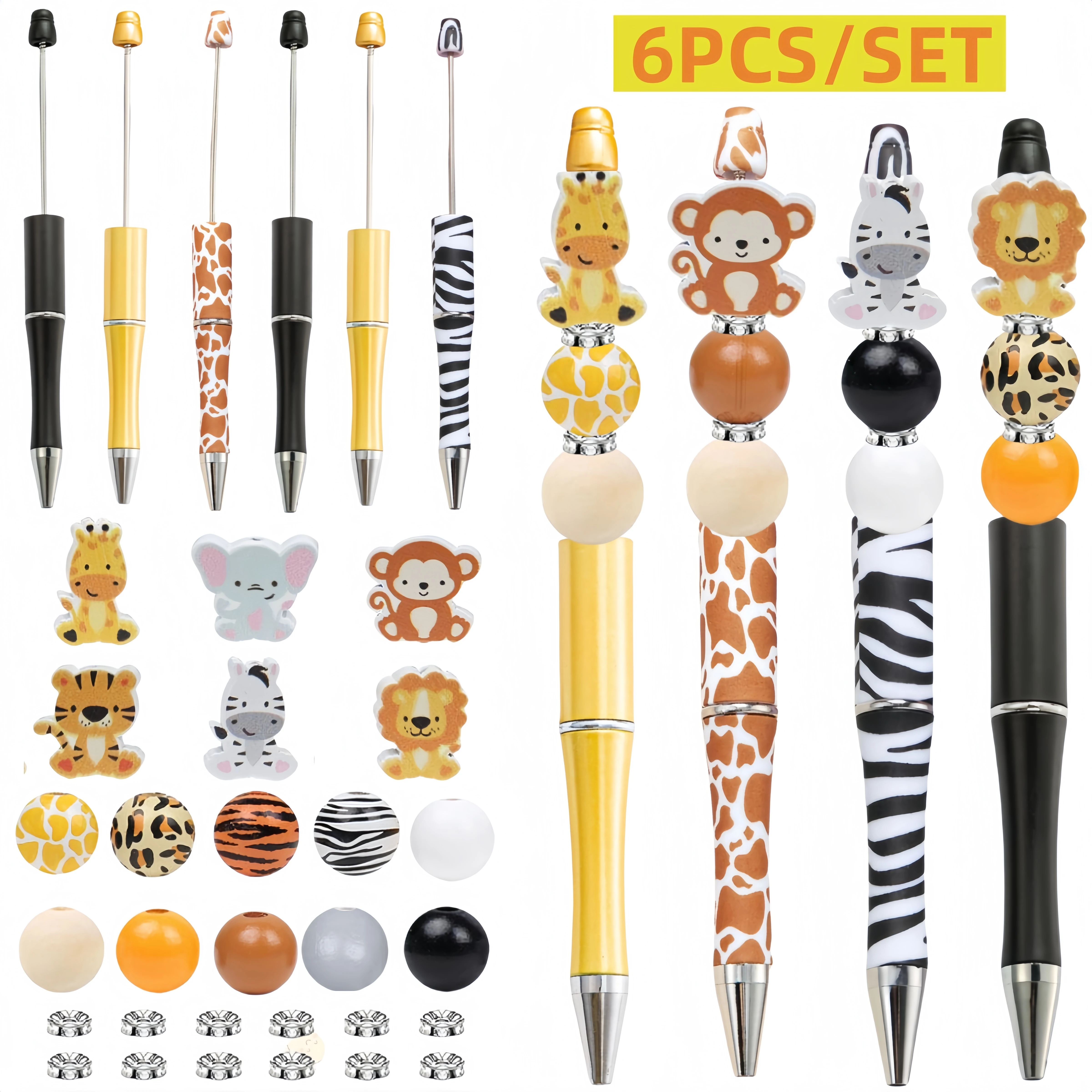 6PCS Zoo Themed DIY Bead Pen Set, Back To School , Creative Gifts Office &Study Supplies，Bead DIY Craft Kit