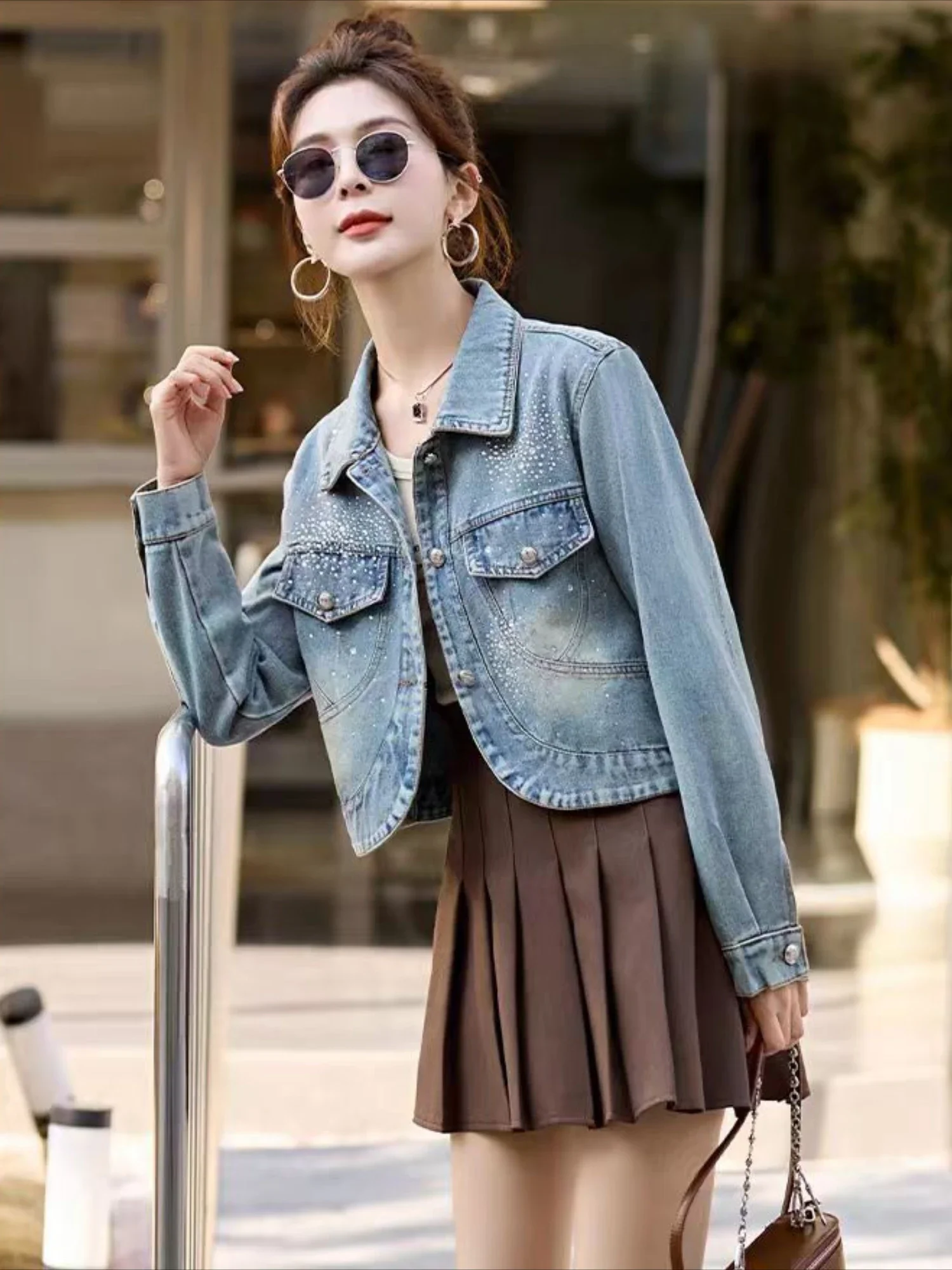 Female Jeans Coats Diamonds Crop Spring Autumn Short Blue with Rhinestones Small Sequin Studded Women\'s Denim Jackets Original