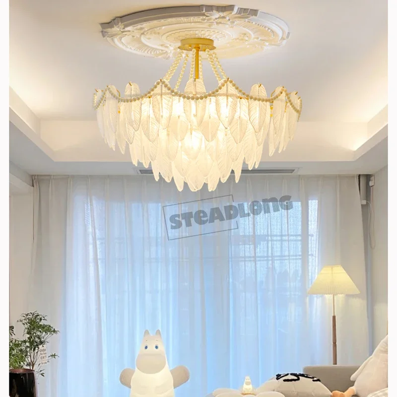 Modern LED Pearl Feather Glass Celling Chandeliers Living Dinging Room Pendant Lamp Home Decor Lustre Hanging Light Fixture