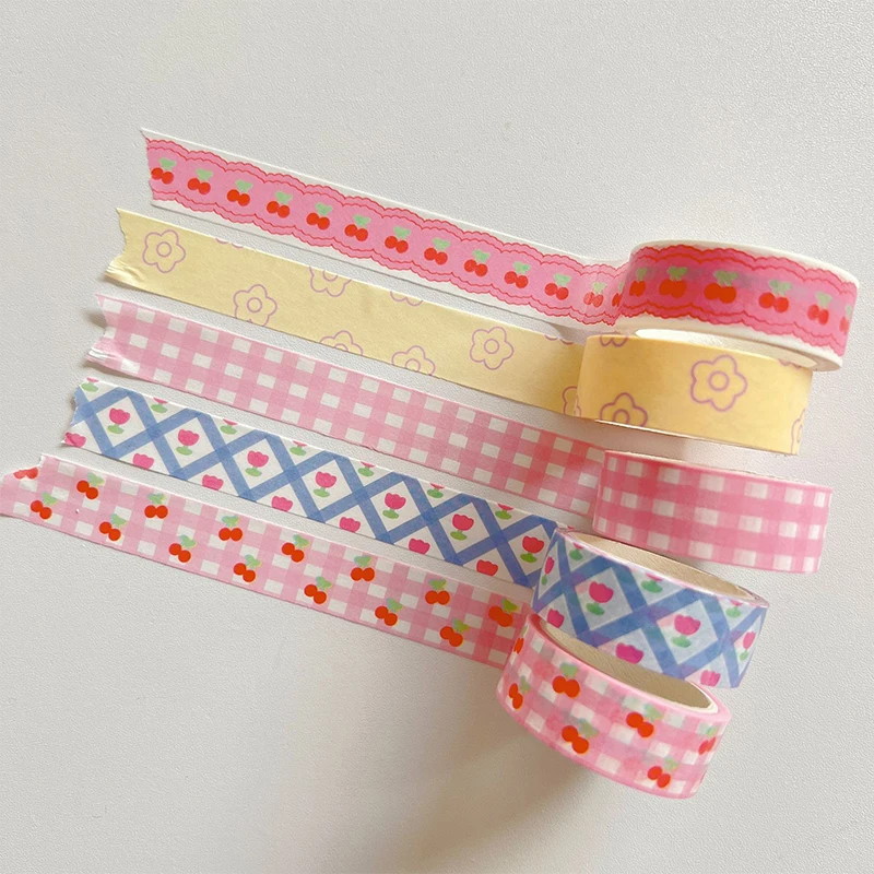 1Pcs Pink Grid Cherry Flower Washi Tape Decorative Adhesive Tape Color Masking Tape For Sticker Scrapbooking DIY Stationery Tape