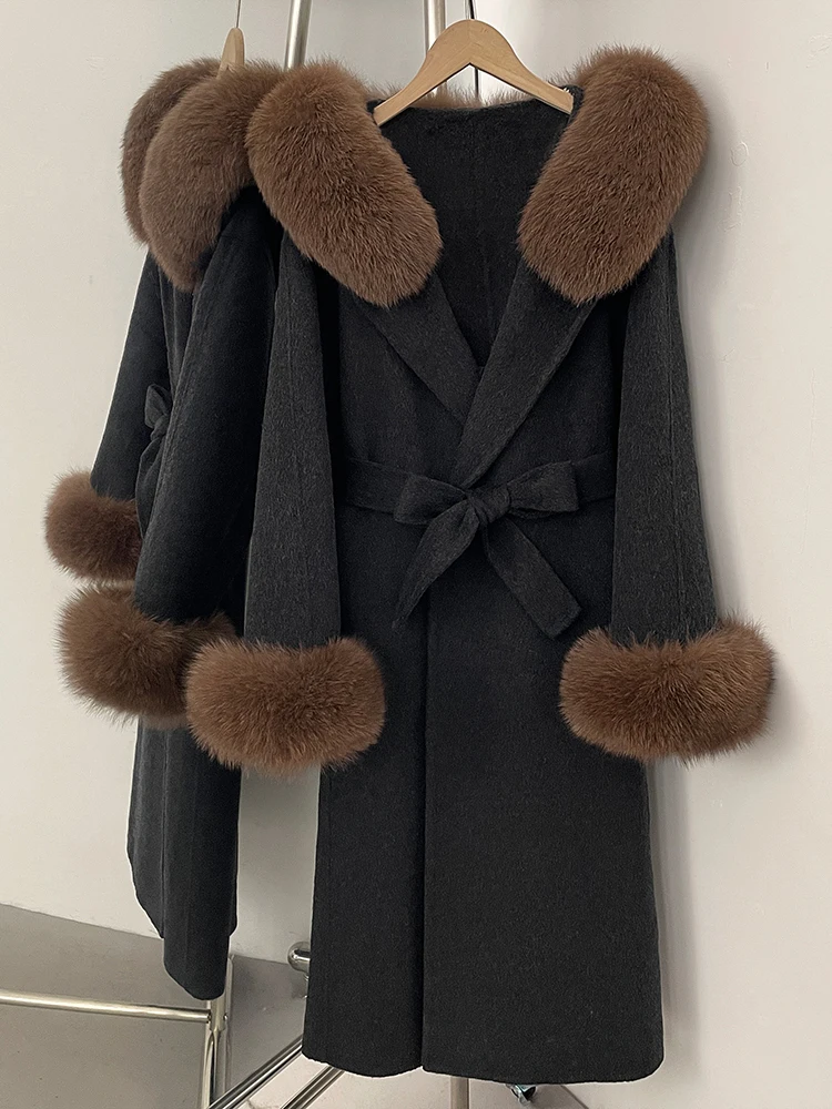 جديد 2025 ملابس خريف وشتاء طويلة مع قلنسوة للسيدات بأكمام طويلة سترة صوفية من فرو الثعلب الحقيقي أصفاد من الفرو الطبيعي معطف صوف للنساء