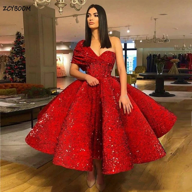 2023 Red Ball Gown Short Prom Dresses Women Puffy Formal Party Night  Vestidos One-Shoulder Elegant