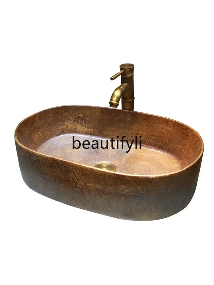 

Retro yellow ceramic table antique wash basin balcony new Chinese anti-splash wash basin water basin