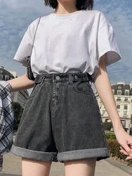 2024 New Summer Women High Waist Button Wigh Leg Jeans Shorts Casual Female Loose Fit Blue Denim Shorts womens high waisted