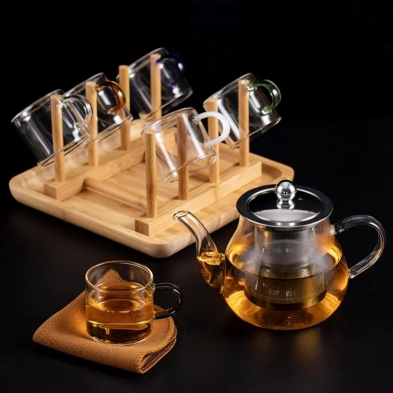 

Thickened Heat Resistant Transparent Glass Small Tea Cup with Handle Home Use Stainless Steel Draining Rack Tea Set Kit
