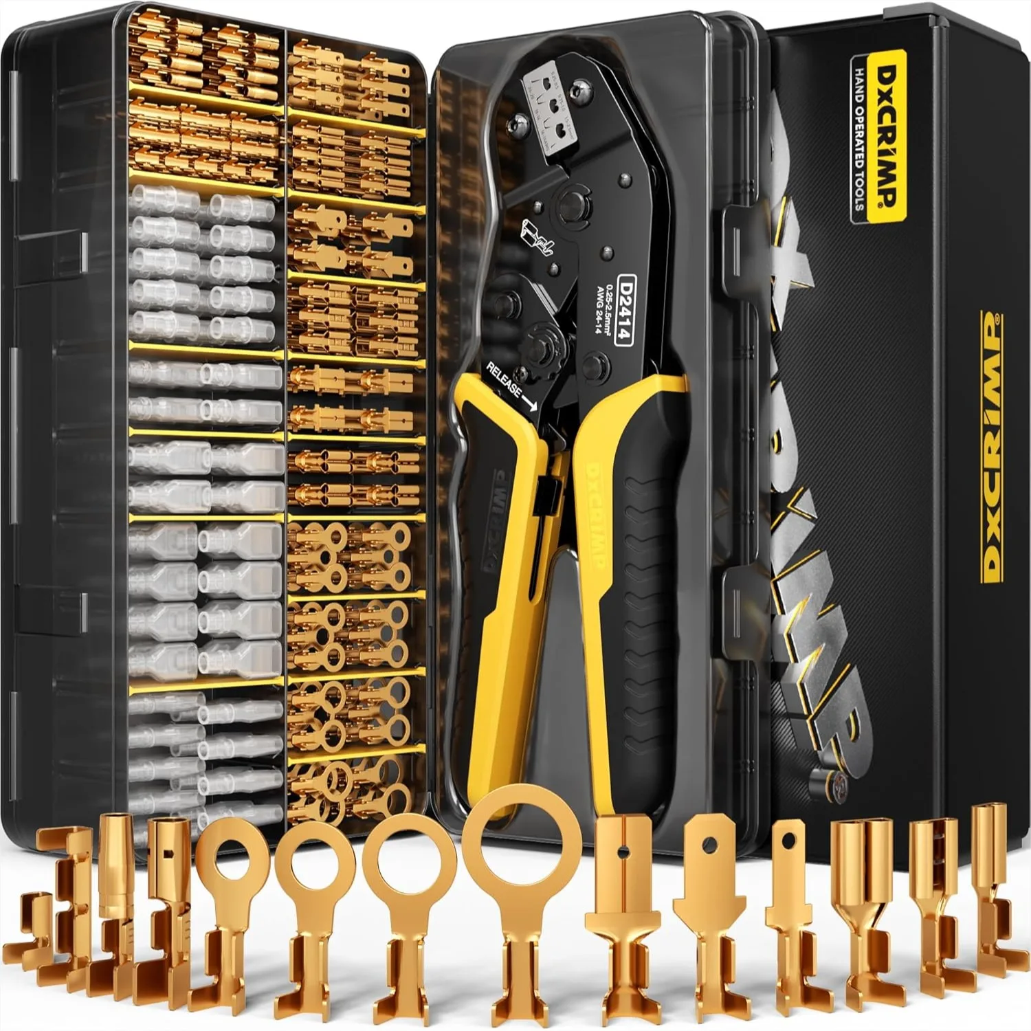 

Crimping Tool Kit with 14-Type Non-Insulated Brass Terminals, Ratcheting Crimper for Automotive Marine DIY