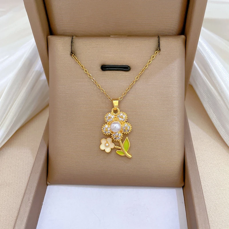 DIEYURO 316L Stainless Steel Zircon Sunflower Plant Pearl Pendant Necklace Earrings Set Women New Trend Non-fading Jewelry Gift