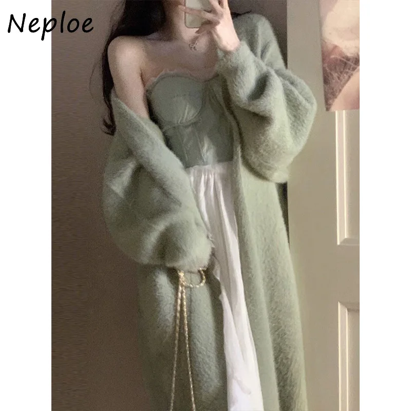 Neploe เสื้อผ้าผู้หญิงขนปุยอบอุ่นยาวปานกลางทรงหลวมคาร์ดิแกนหวานอ่อนหวานแบบยุโรปเก๋ไก๋สไตล์ยุโรปสำหรับผู้หญิงหรูหรา