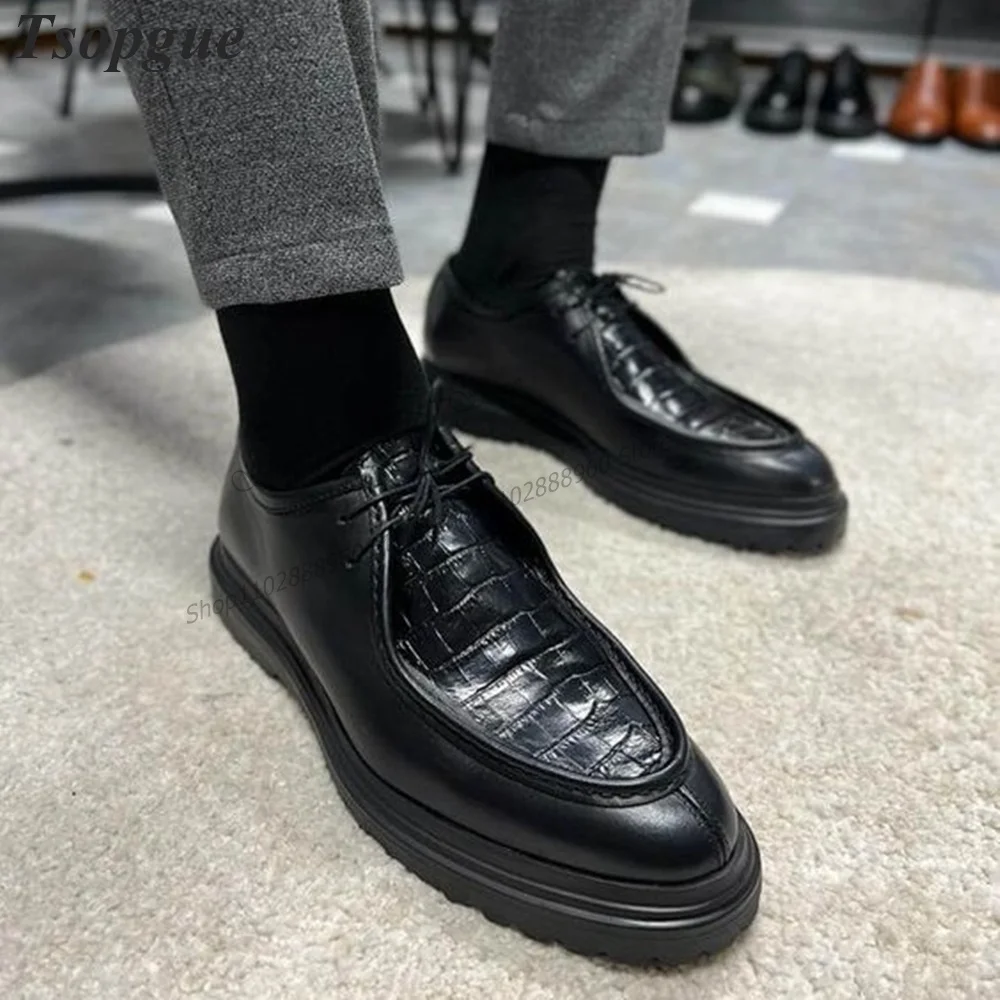Cross-Tied Dark Blue Alligator Skin Patchwork Men\'s Pumps Shoes For Men Runway Casual Party Shoes 2023 Fashion Zapatillas Muje