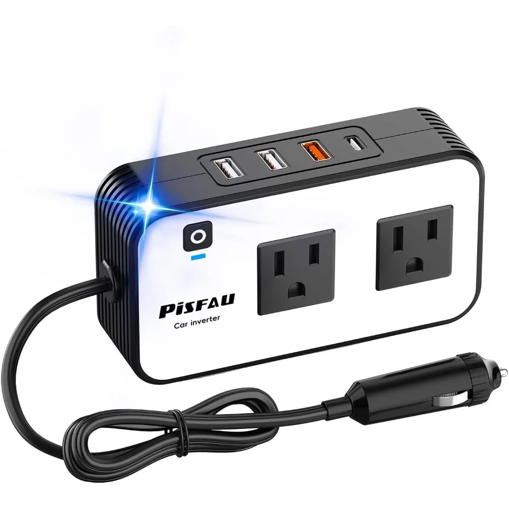 محول طاقة السيارة 200 وات، منفذ محول قابس السيارة PiSFAU DC 12V إلى 110V AC مع [20W USB-C] /USB-Fast Charger (18W) 4.8A USB مزدوج