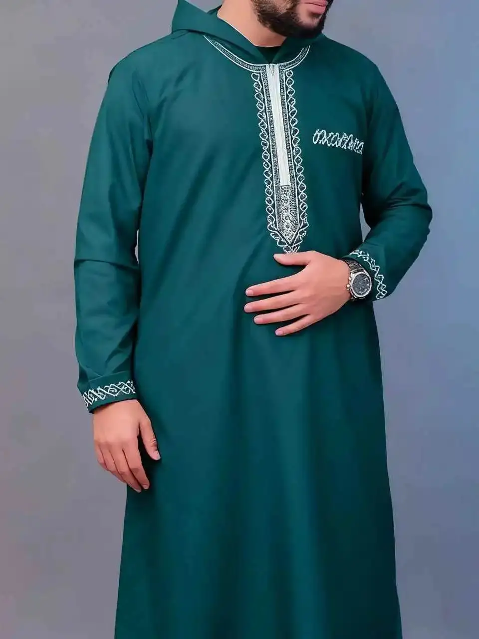 2025 Abito di lusso allentato con cappuccio Abbigliamento musulmano Abito da uomo ricamato a maniche lunghe Medio Oriente Juba Sobi Abito tradizionale