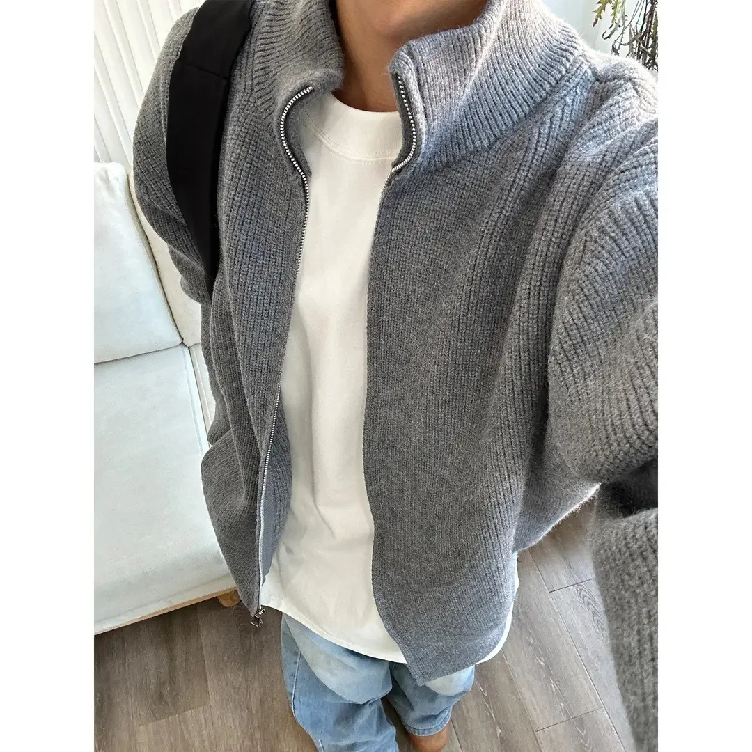 

American Vintage Autumn New Fashion Men's Solid Color Stand Collar Long Sleeve Zipper Knitted Sweater Cardigans Male Coats Tops