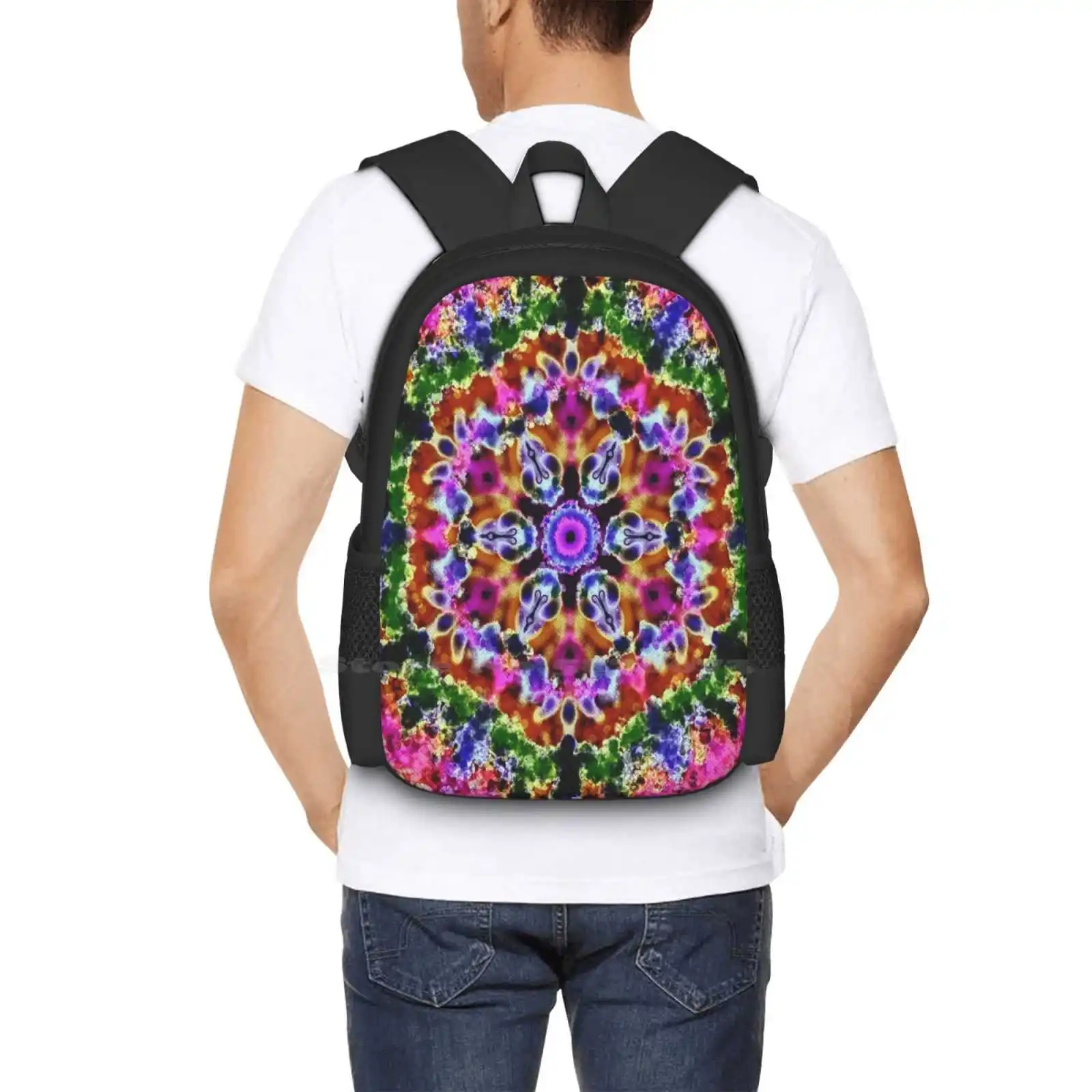 Mandala floral rosa e verde bolsa mochila para homens mulheres meninas adolescentes rosa e verde mandala colorido mandala arte