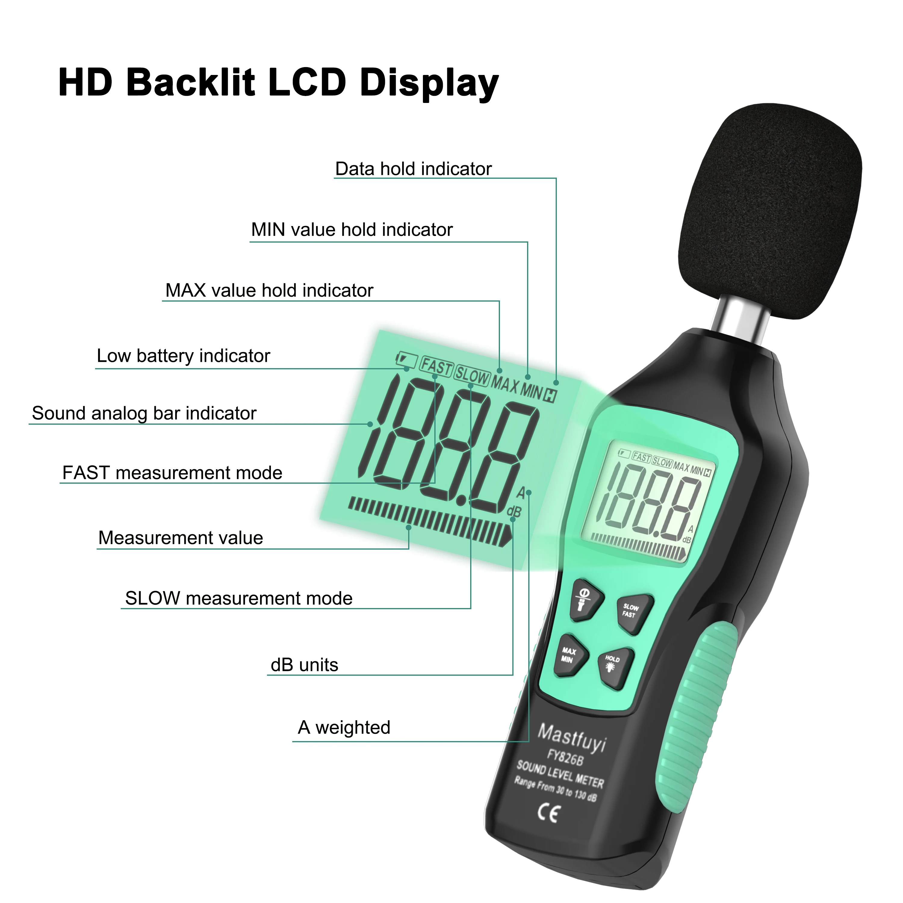 MASTFUYI FY826B Professional Digital Sound Level Meter Audio Level Meter Portable Noise Meter High Precision Decibel Meter